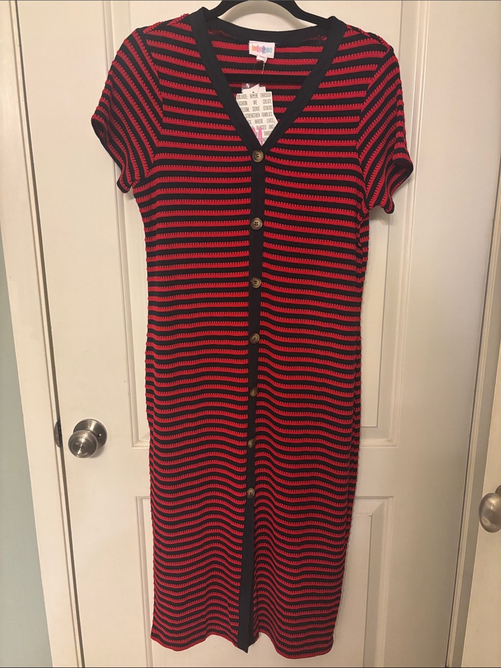 LuLaRoe Leni Textured Button-Front Red & Black Striped Dress
